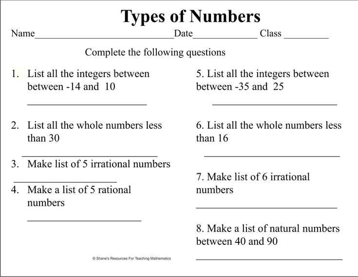 Types of Numbers Worksheet