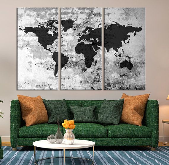 Triptyque grand Art en niveaux de gris par ExtraLargeWallArt Map Canvas ...