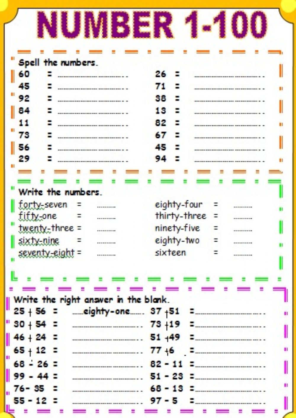 Numbers 1 to 100 Worksheet