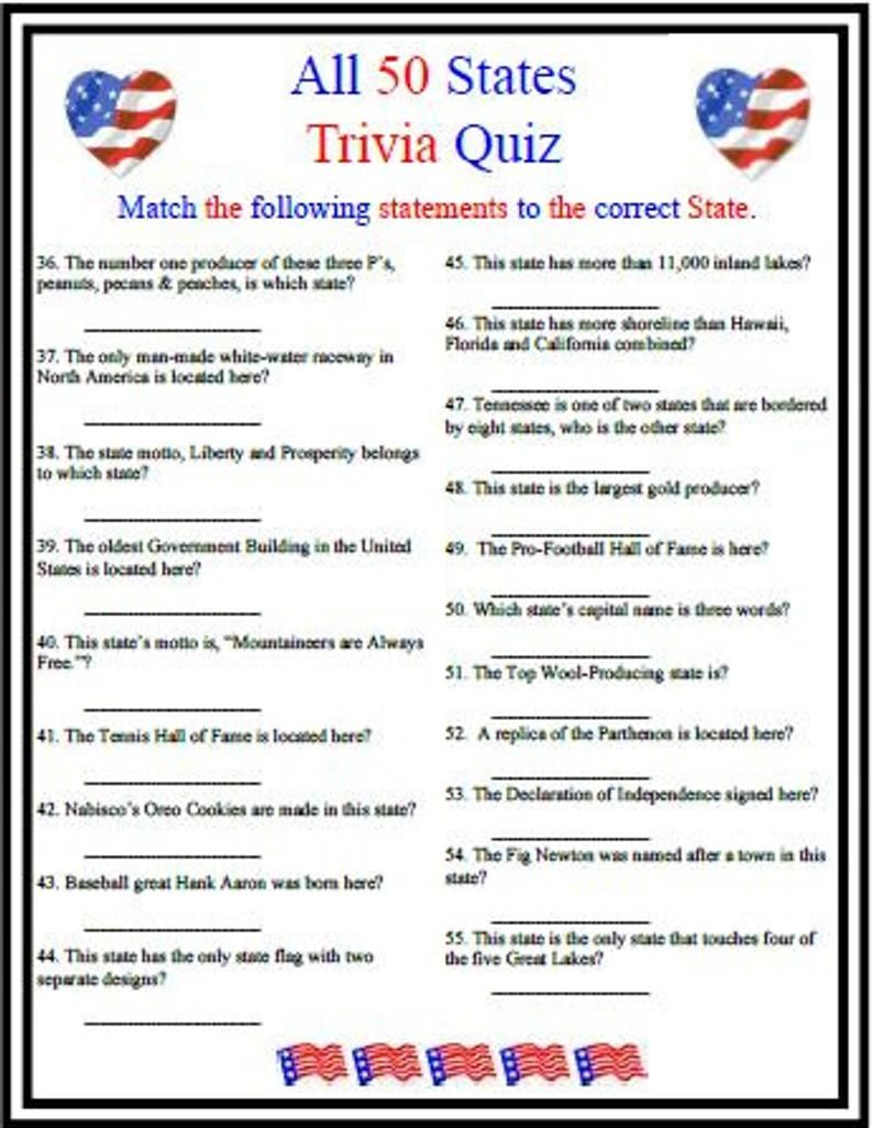 Printable 50 States Quiz