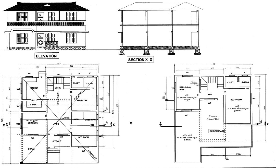 Common House Elevation Section And Floor Plan Cad Drawing Details Dwg ...