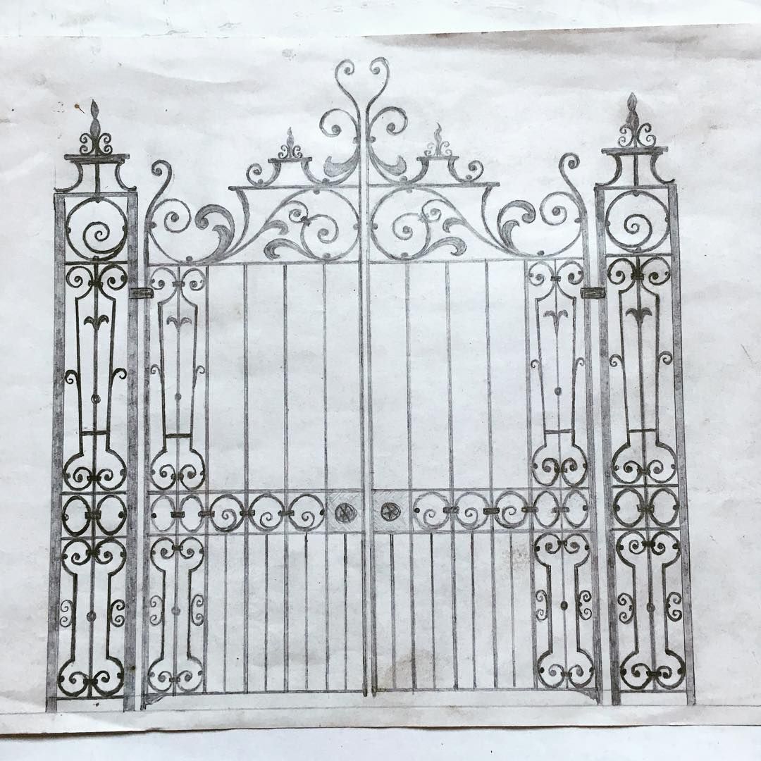 a drawing of an iron gate with scroll work