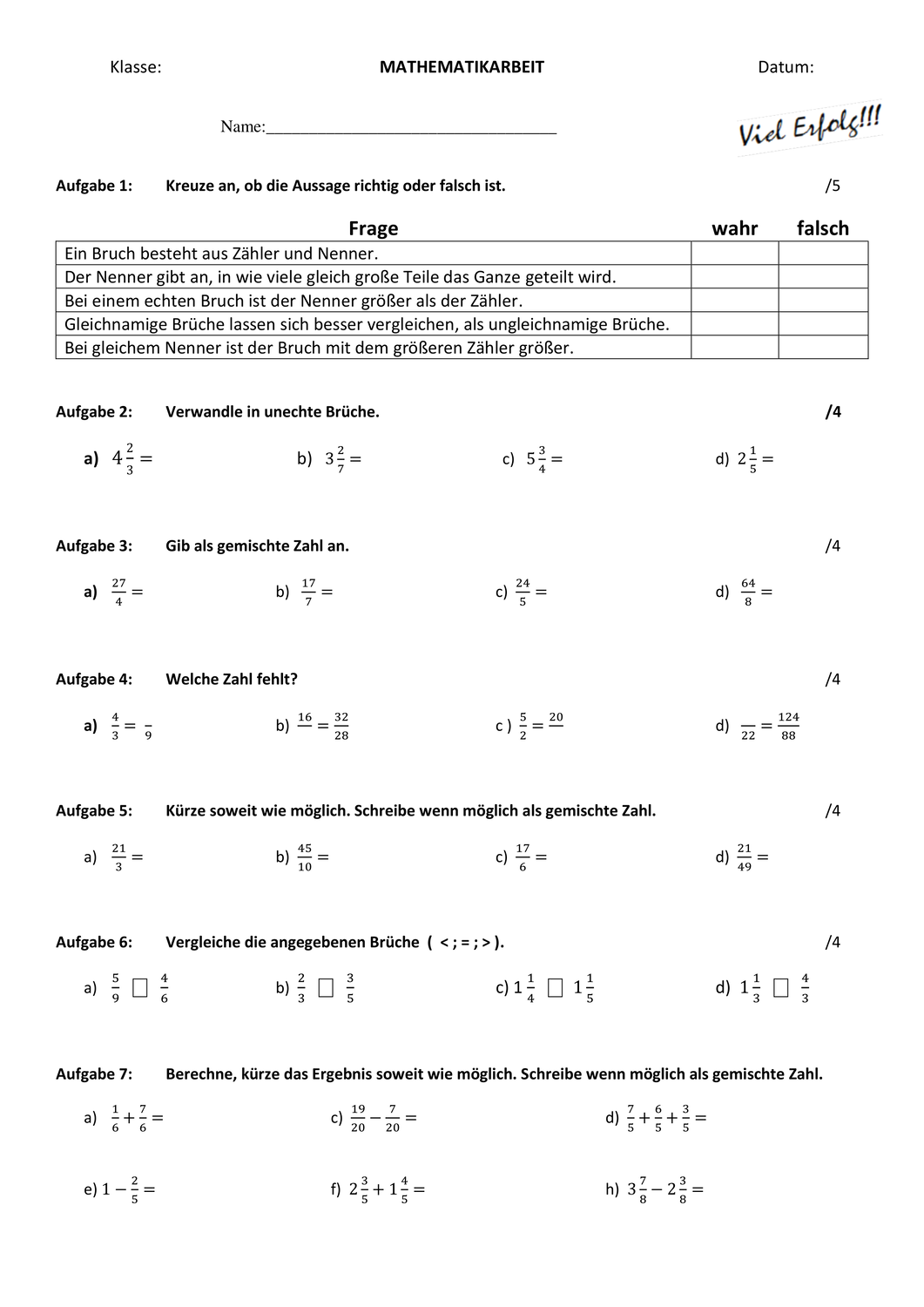 Klassenarbeit Bruchrechnung Brüche Mathearbeit