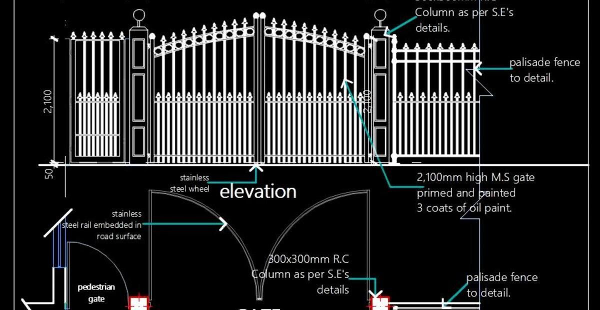 #Autocad #drawing of the main entrance gate with a side small gate and ...