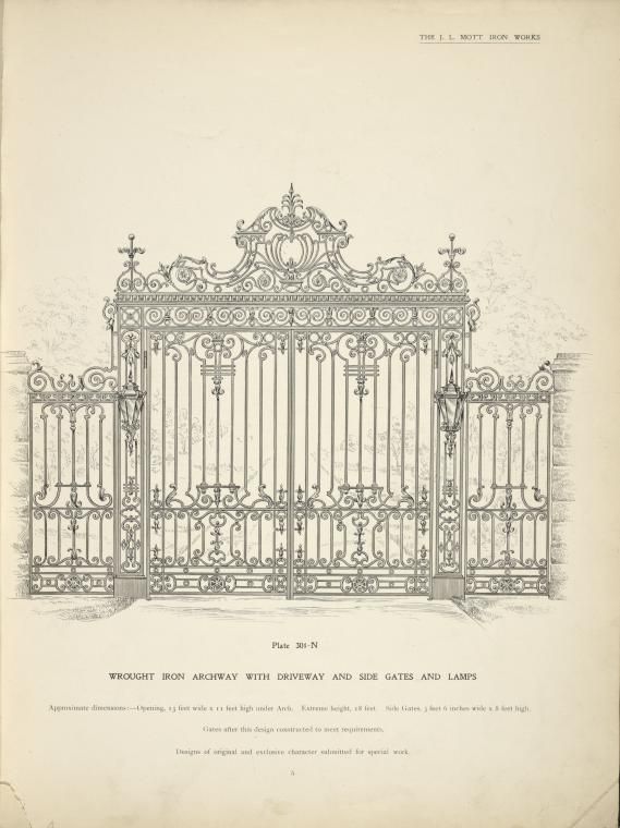 Wrought iron archway with driveway and side gates and lamps [Plate 301 ...