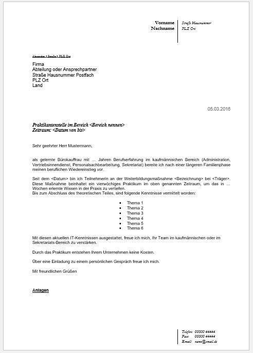 Vorlage Bewerbung Für Praktikum