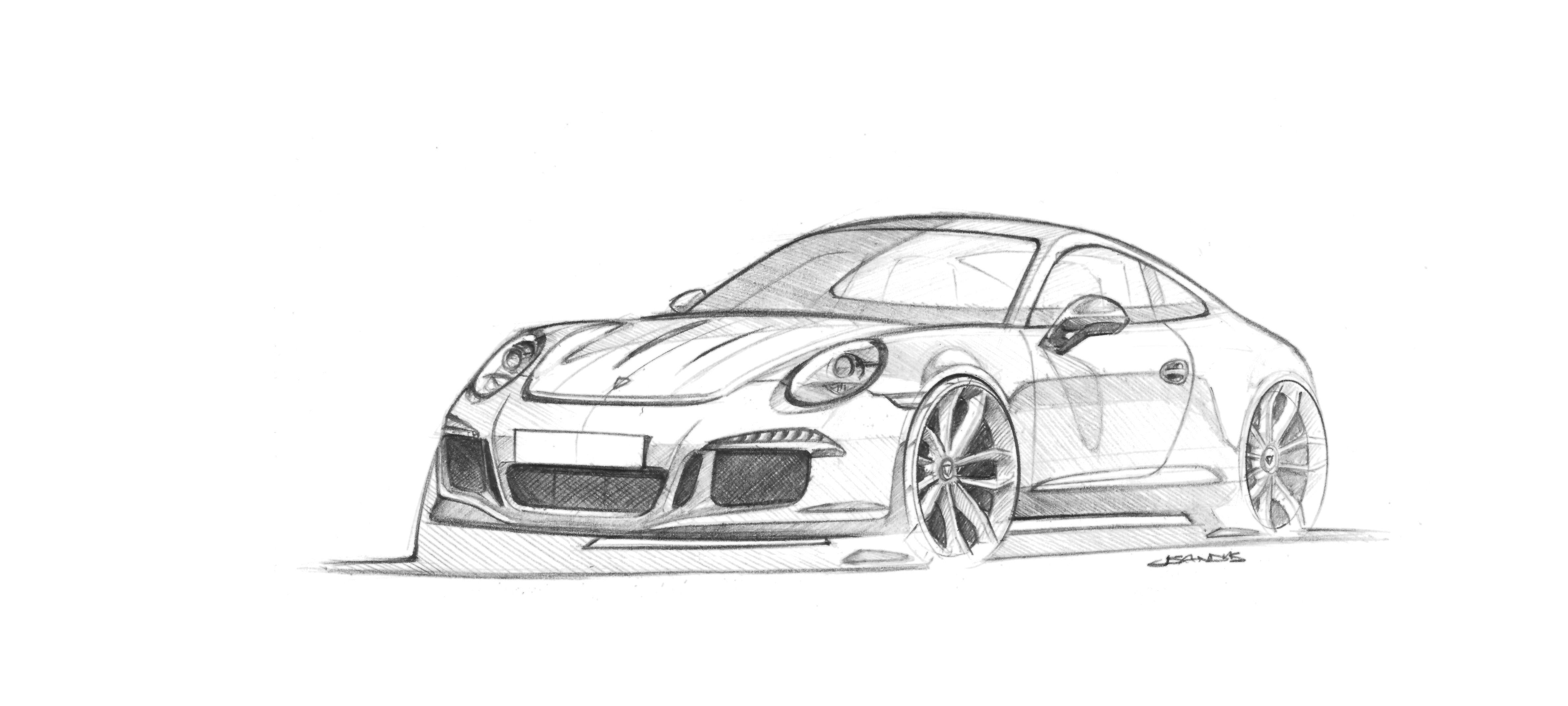 a pencil drawing of a sports car on a white paper with the words, porsche