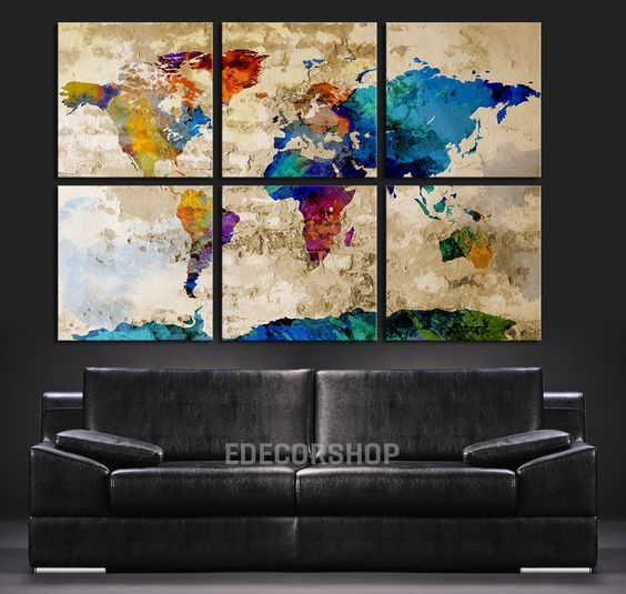 Colorful WORLD MAP Art Canvas Print - Watercolor World Map 6 Piece ...