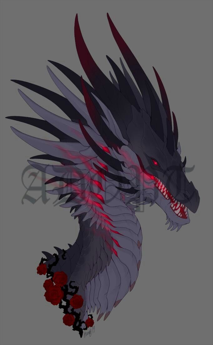 a drawing of a dragon with red eyes