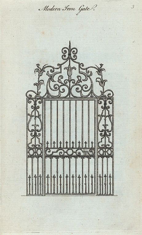 an old drawing of a wrought iron gate