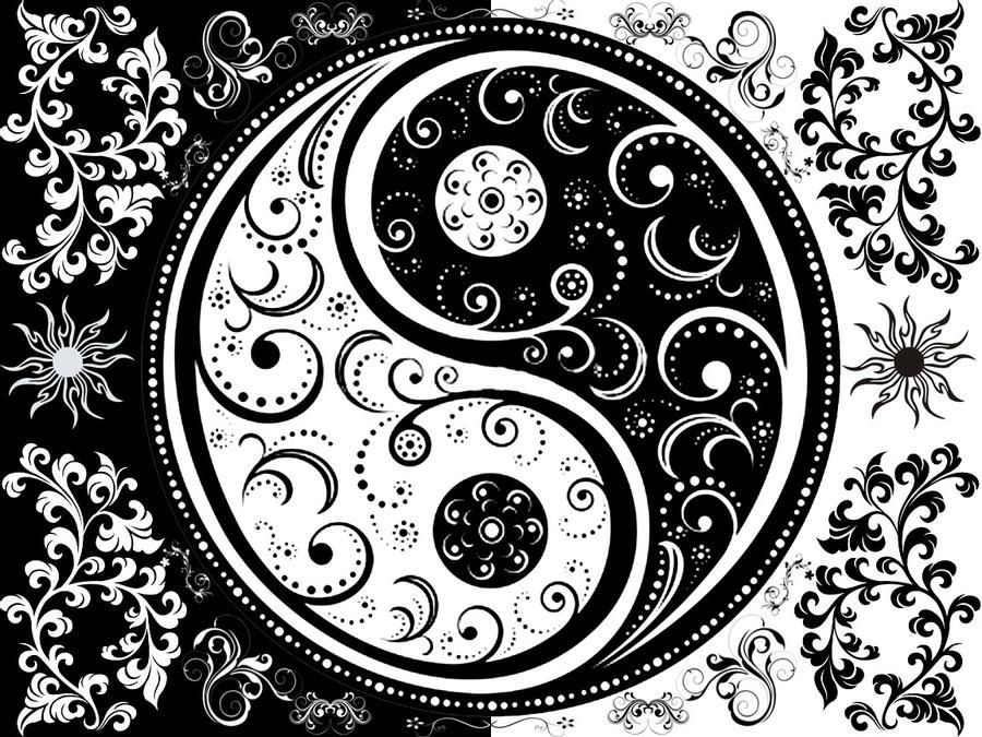 the yin symbol in black and white with swirls on it, as well as an ...