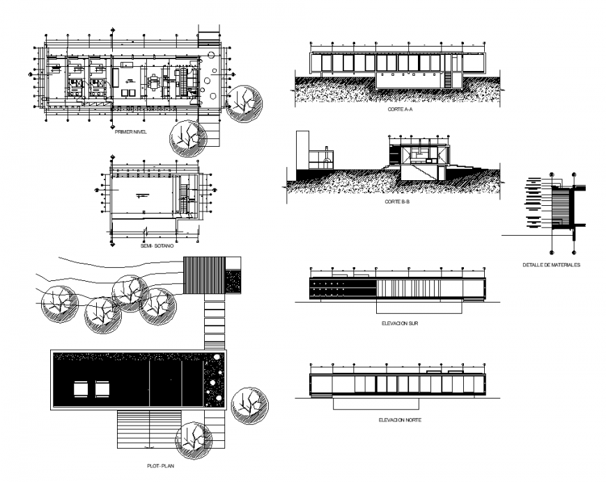 Plan, elevation and section of residential house structure 2d view dwg ...