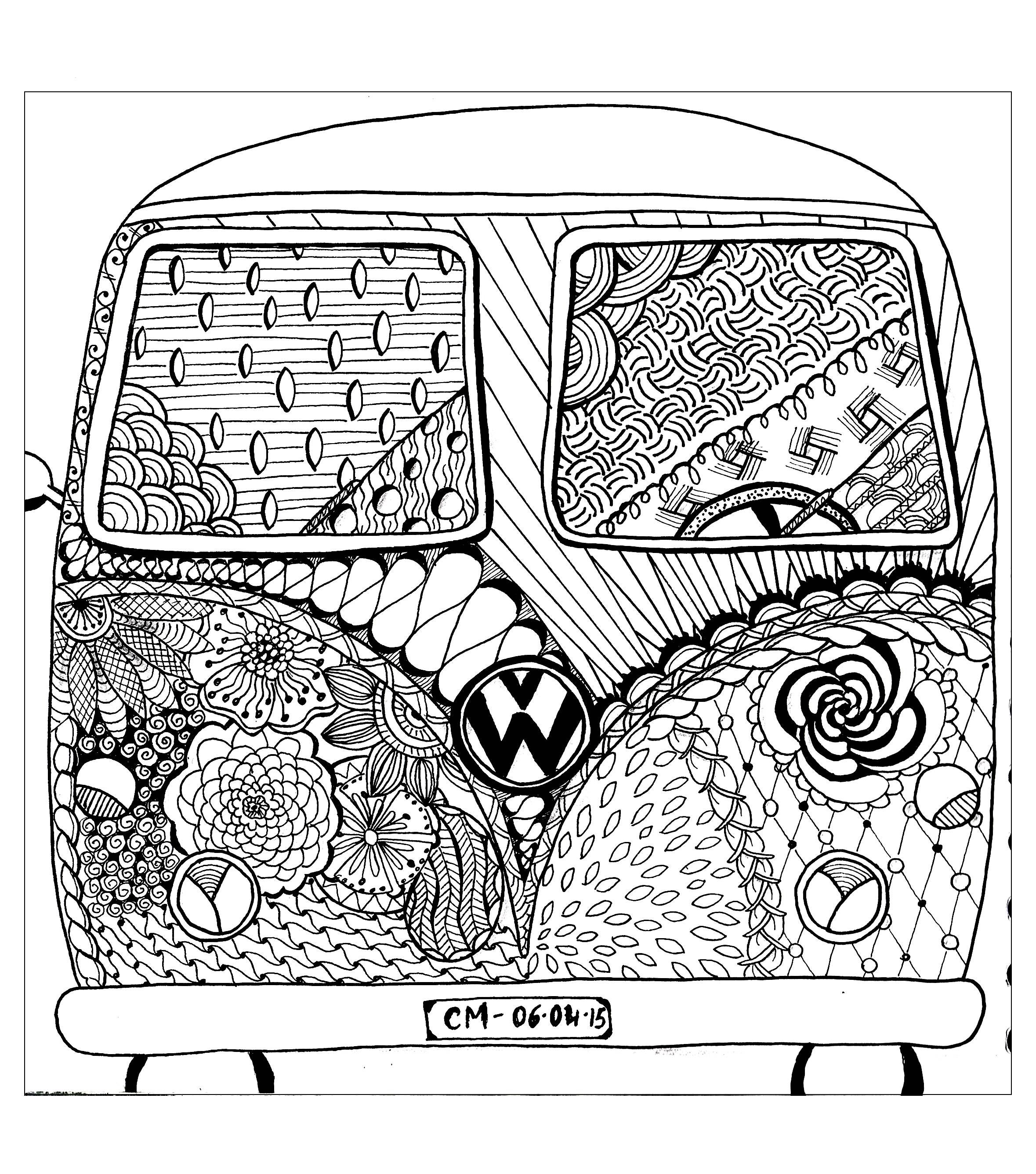 Free Zentangle Volkswagen printable coloring page 'Hippie camper ...