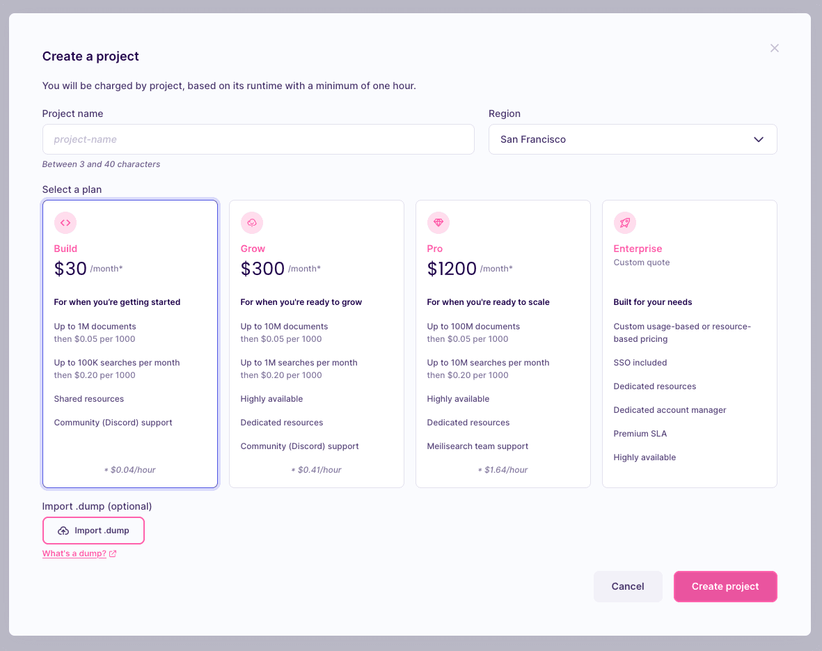 The project creation interface, with a few inputs fields: project name, region selection, and plan selection. Right below all of these, is a file upload button named "Import .dump"