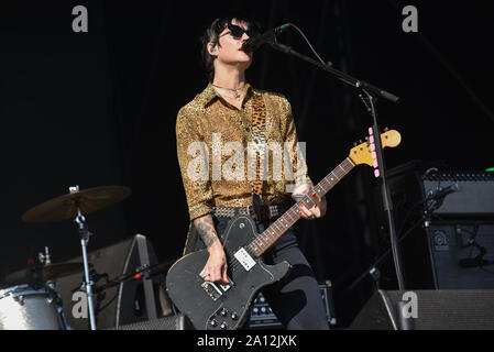 American punk rock band The Distillers performing on the Main Stage at Leeds Festival at Bramham Park on August 23, 2019 Featuring: Brody Dalle Where: Leeds, United Kingdom When: 23 Aug 2019 Credit: Graham Finney/WENN Stock Photo