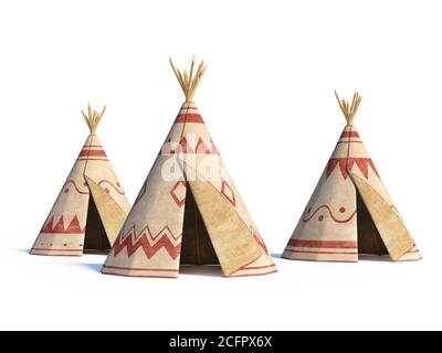 North America's indian tents isolated on white background, tepee village, 3d rendering Stock Photo