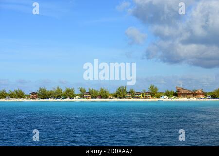 Half Moon Cay also called Little San Salvador Island aerial view in the Bahamas. Stock Photo