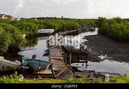 Boats docked in Grand Cay, Bahamas. Stock Photo