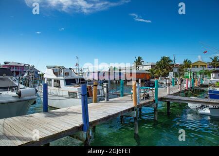 Marina dock at Rosie's Place in Grand Cay, Abacos, Bahamas. Stock Photo