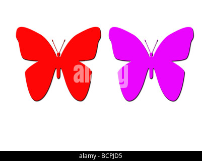 Silhouette of two colorful butterflies isolated on white background Stock Photo