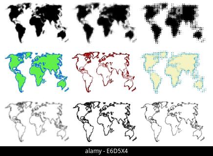 Set of editable vector halftone world maps Stock Vector