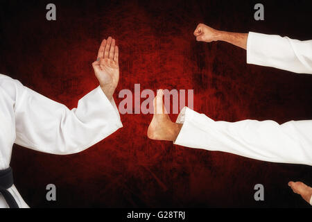 Composite image of female fighter performing karate stance Stock Photo