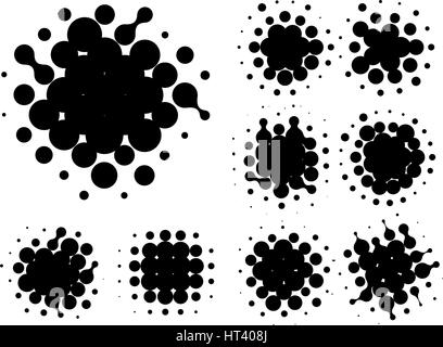 Isolated black color abstract round shape halftone dotted logo set, dots decorative elements collection vector illustration Stock Vector