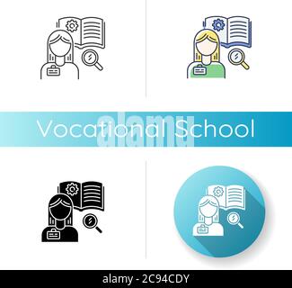 Symbol für die Berufsschule. Lineare Schwarz- und RGB-Farbstile. Entwicklung von beruflichen Fähigkeiten, Fachausbildung. Schulungen für potenzielle Mitarbeiter. S Stock Vektor