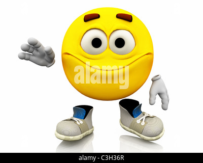 Smiley, Emoticons. Gesichtsausdruck. Lächeln Sie, freundliche emotionalen Ausdruck auf ein gelbes Gesicht mit großen Augen mit Schuhen. Stockfoto