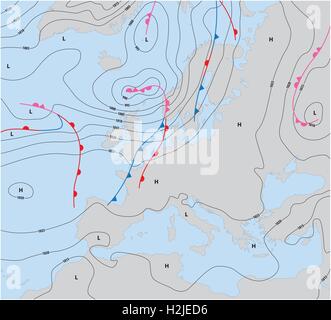 imaginäre Wetterkarte mit Isobaren und Wetter Fronten Europa Stock Vektor