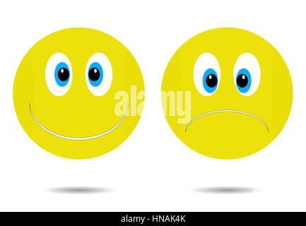 Smiley, fröhlich und traurig. Happy Smiley-Symbol, Lächeln Emoticon Charakter, Gesicht Cartoon Traurigkeit Abbildung Stockfoto