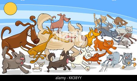 Cartoon Illustration von Lustig laufen Hunde und Katzen Tier zeichen Gruppe Stock Vektor