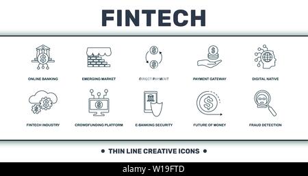 Fintech eingestellt icons Collection. Enthält einfache Elemente wie Online Banking, Emerging Market, Direktzahlung, Digital Native, Crowdfunding Plattform Stock Vektor