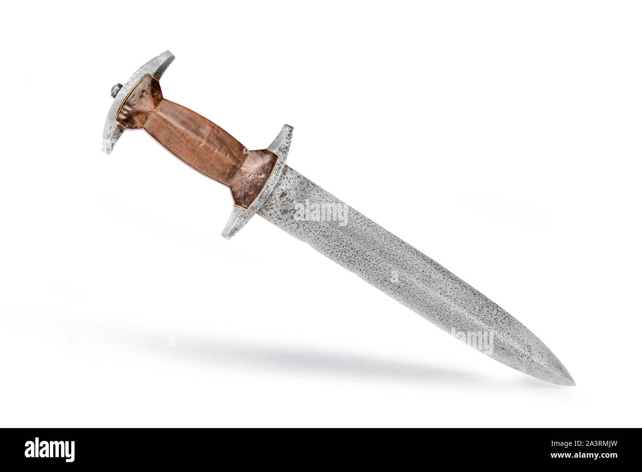 Swiss Holbein dagger. Short Swiss sword with a distinctive crescent-shaped pommel and crossguard (type of baselard dagger). XVI век. Stock Photo