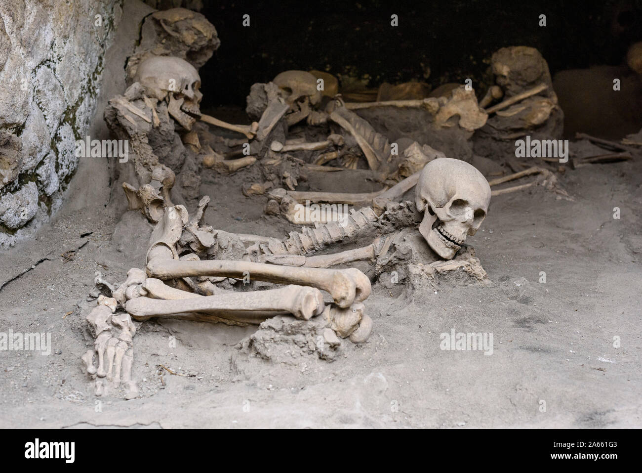 Ercolano. Italy. Archaeological site of Herculaneum. Casts of skeletons found in the boat houses on the ancient shoreline. Stock Photo