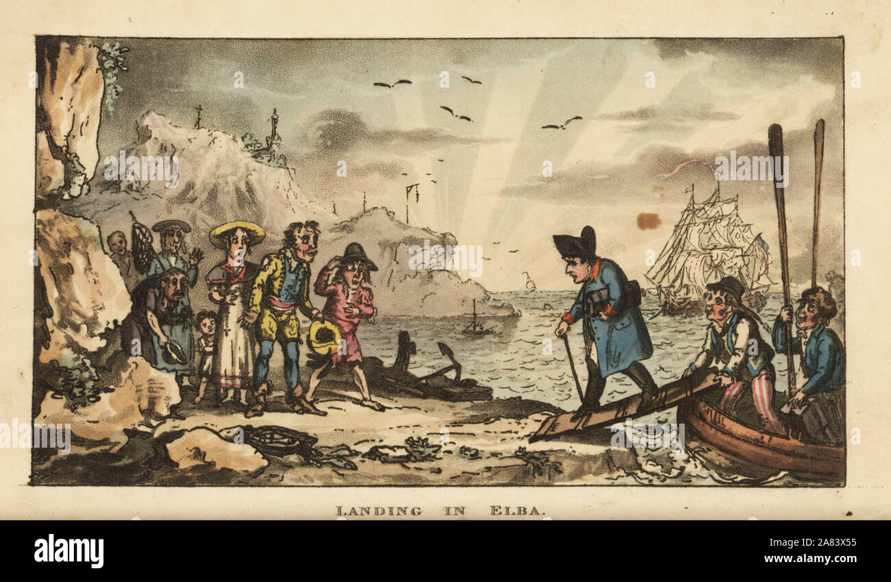 Napoleon Bonaparte arriving on the island of Elba for his exile, 1814. Handcoloured copperplate engraving by George Cruikshank from The Life of Napoleon a Hudibrastic Poem by Doctor Syntax, T. Tegg, London, 1815. Stock Photo