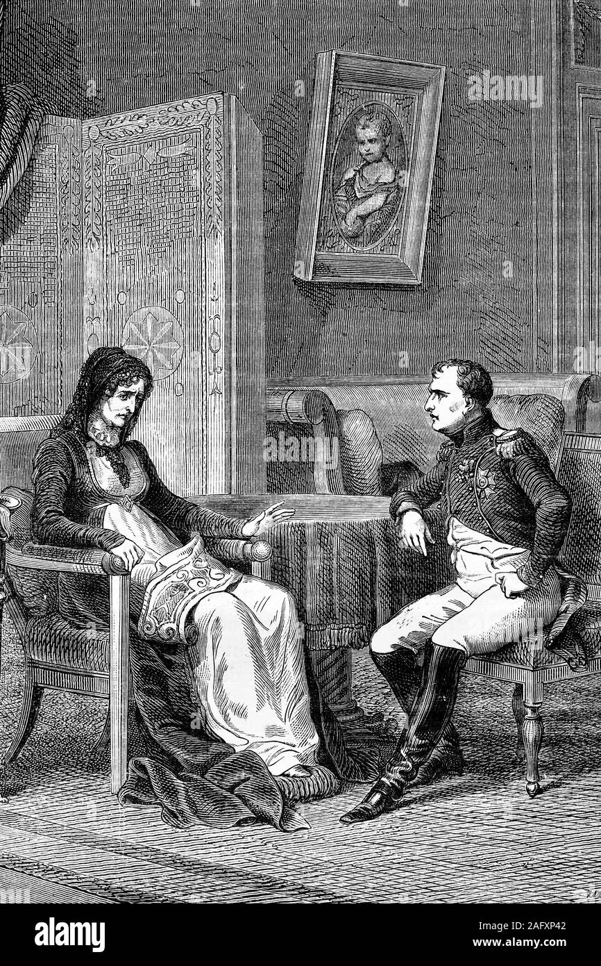 Napoleon tells his mother about his project to leave Elba island. Antique illustration. 1890. Stock Photo