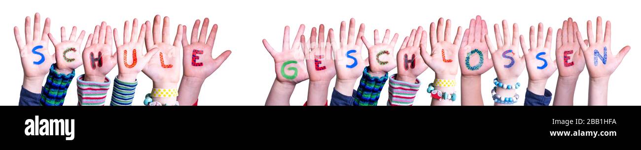 Hands Building Word Schule Geschlossen Means School Closed, Isolated Background Stock Photo