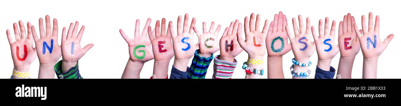 Hands Building Word Uni Geschlossen Means University Closed, Isolated Background Stock Photo