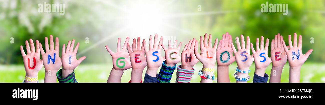 Children Hands Building Uni Geschlossen Means University Closed, Grass Meadow Stock Photo