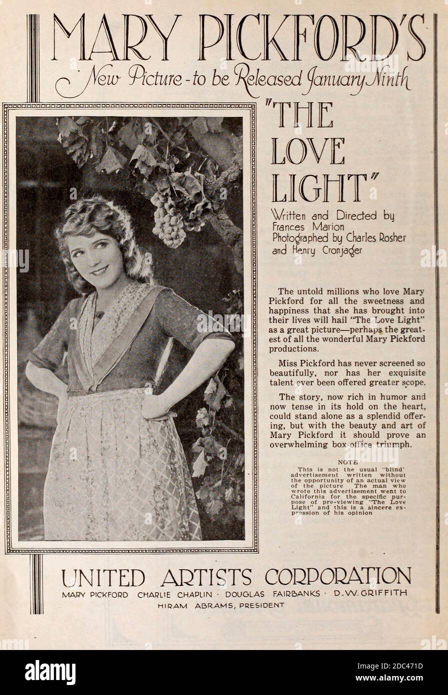 Advertisement for Mary Pickford's The Love Light - Motion Picture, 1920 Stock Photo