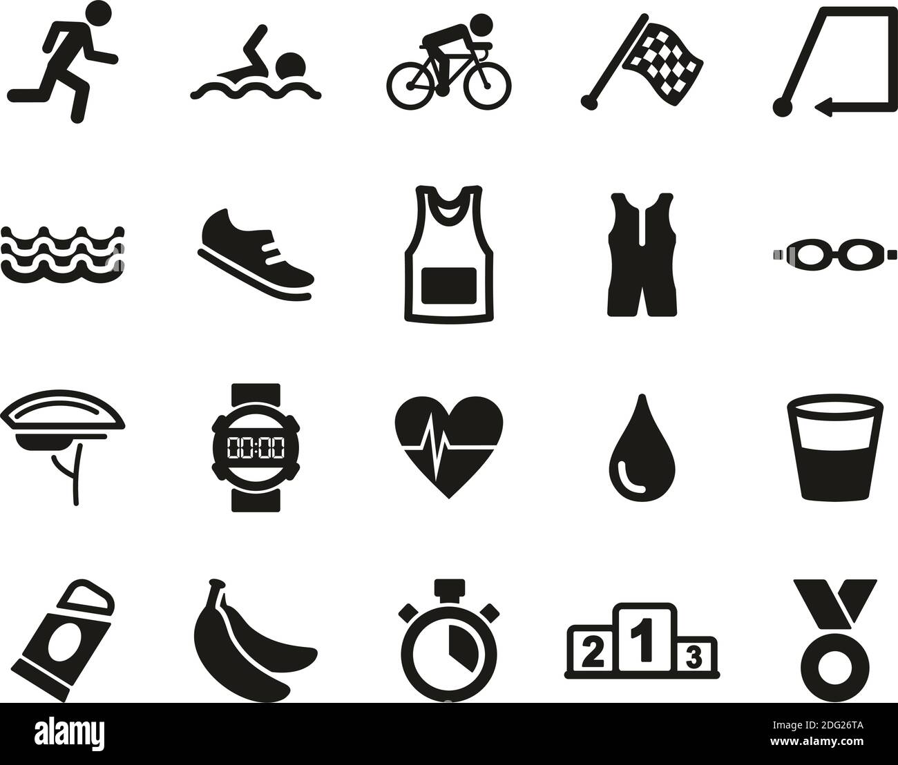 Triathlon Race & Equipment Icons Black & White Set Big Stock Vector