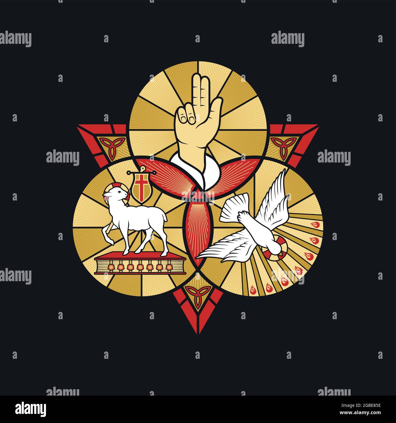 Christian illustration. The magnificent seal of the Holy Trinity: God the Father, God the Son and God the Holy Spirit. Indication of the symbols of th Stock Vector