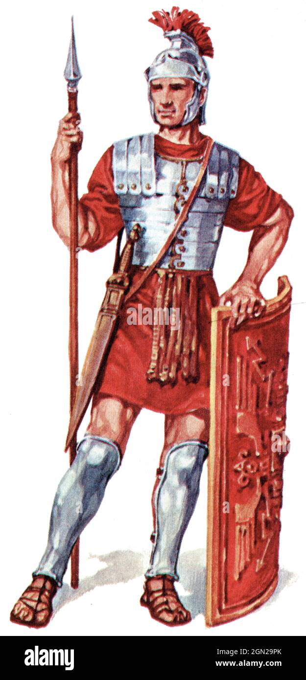 Ancient Rome, centurion, soldier in armor, helmet and shield Stock Photo