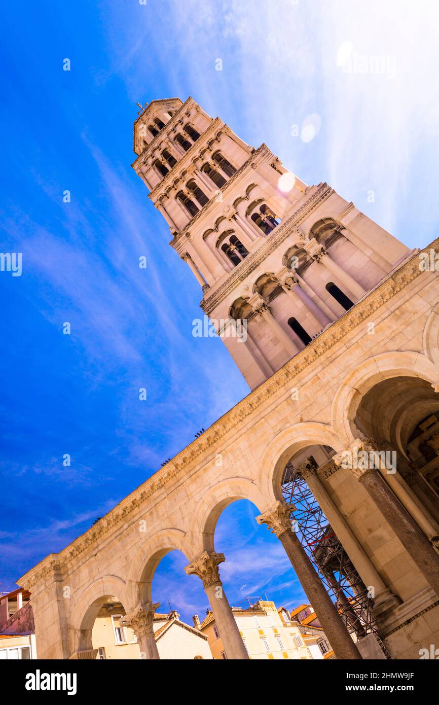 Croatia travel and landmarks. Split -ancient roman well preserved city. tower of Diocletian palace UNESCO world heritage site Stock Photo