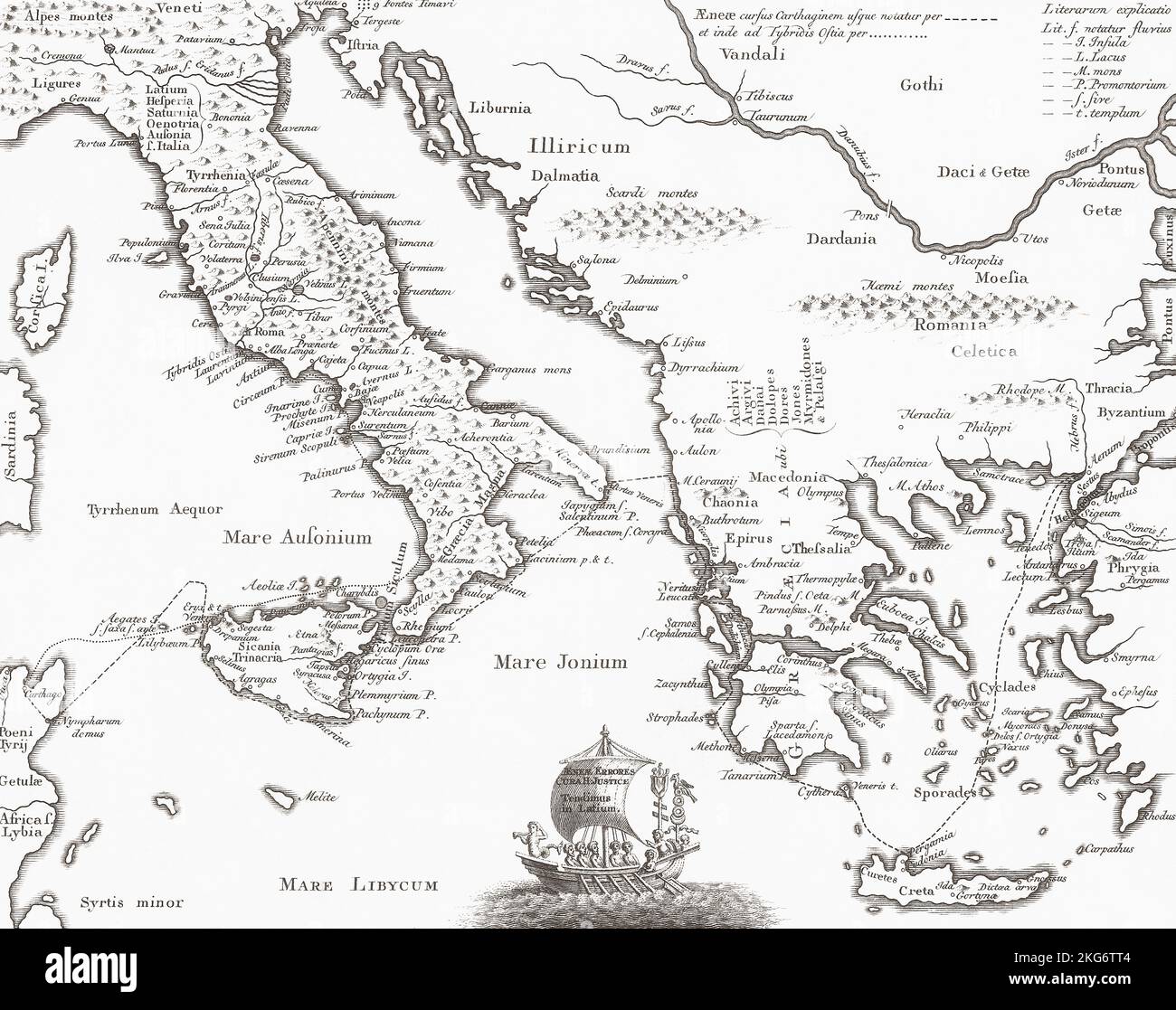 18th century map of Italy and Greece showing major sites of ancient history. Stock Photo