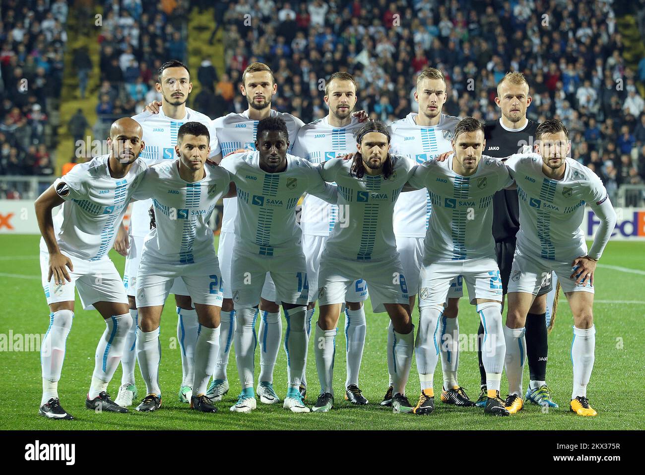 02.11.2017., Rijeka, Croatia - UEFA Europa League, group D, round 4, HNK Rijeka - Austria Wien. Roberto Puncec, Dario Zuparic, Josip Misic, Filip Bradaric, Andrej Prskalo. Heber, Domagoj Pavicic, Maxwell Acosty, Leonard Zuta, Marko Vesovic, Alexander Gorgon. Photo: Goran Stanzl/PIXSELL  Stock Photo