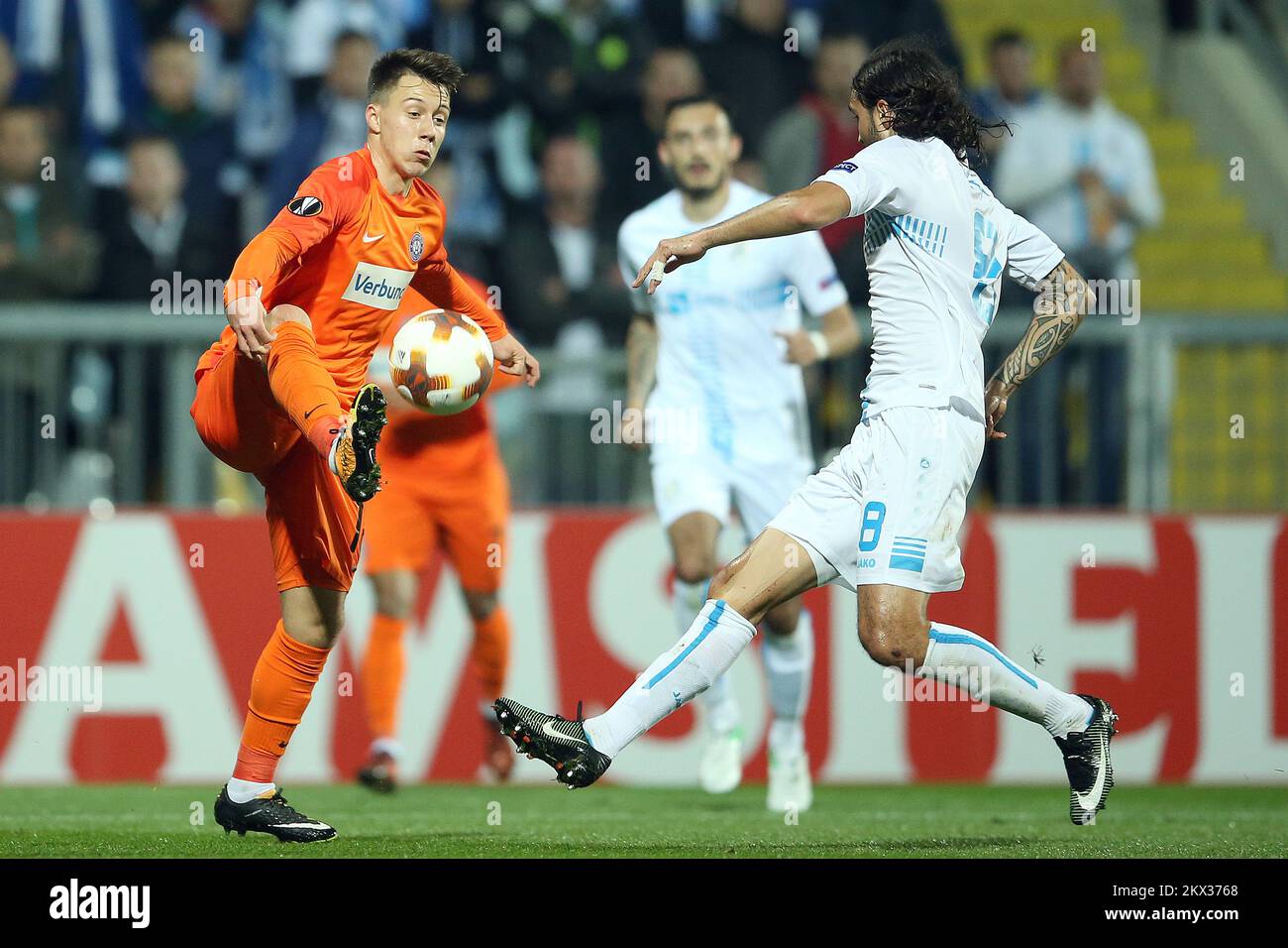 02.11.2017., Rijeka, Croatia - UEFA Europa League, group D, round 4, HNK Rijeka - Austria Wien. Dominik Prokop, Leonard Zuta. Photo: Goran Stanzl/PIXSELL  Stock Photo