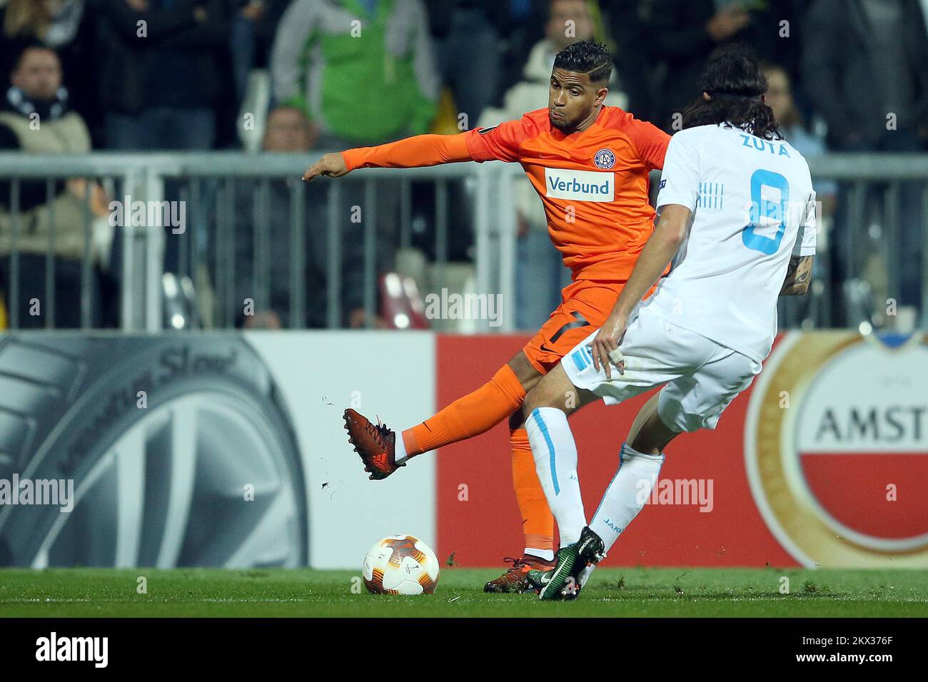 02.11.2017., Rijeka, Croatia - UEFA Europa League, group D, round 4, HNK Rijeka - Austria Wien. Ismael Tajouri-Shradi, Leonard Zuta. Photo: Goran Stanzl/PIXSELL Stock Photo