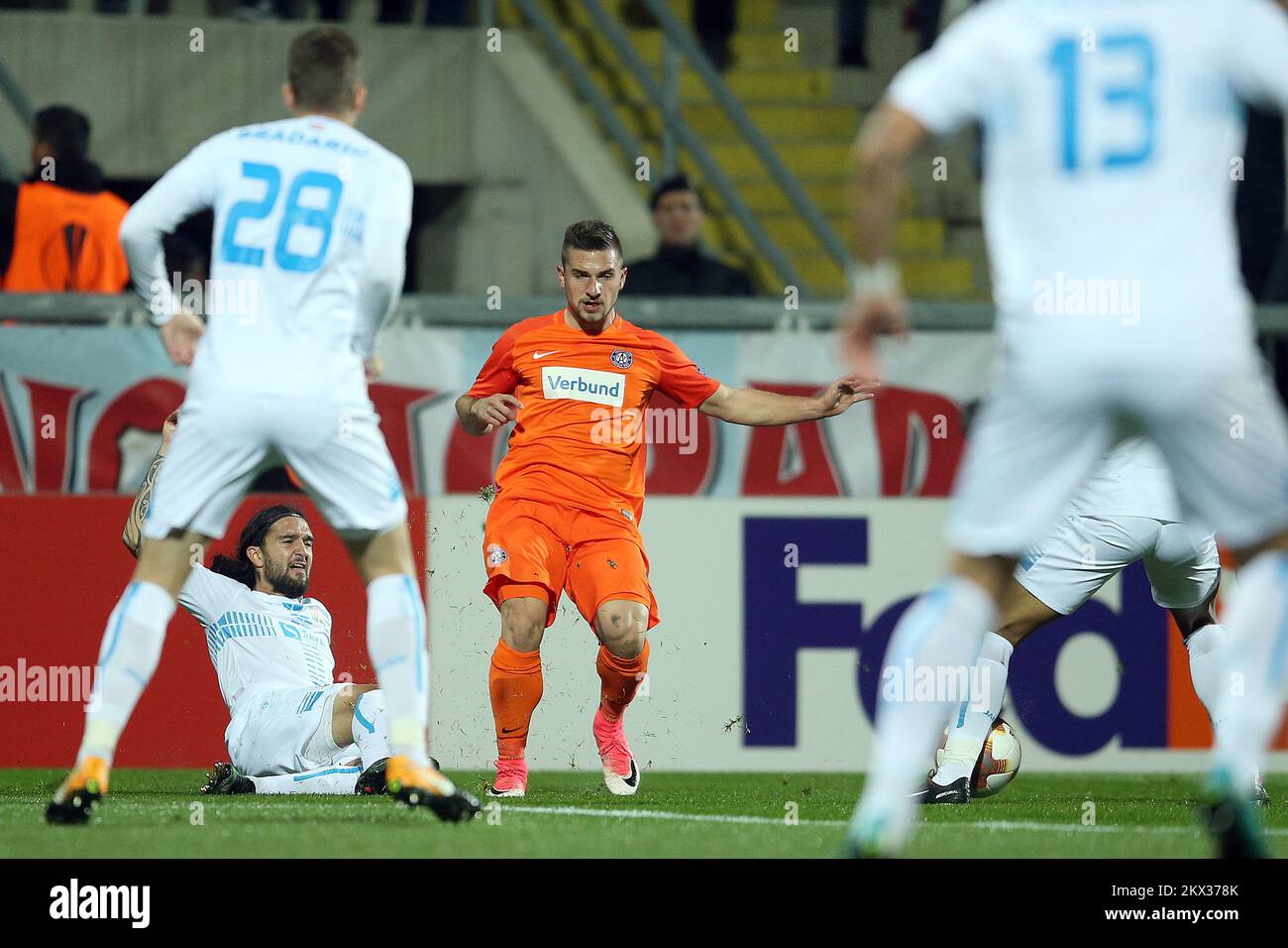 02.11.2017., Rijeka, Croatia - UEFA Europa League, group D, round 4, HNK Rijeka - Austria Wien. Leonard Zuta, Petar Gluhakovic. Photo: Goran Stanzl/PIXSELL Stock Photo